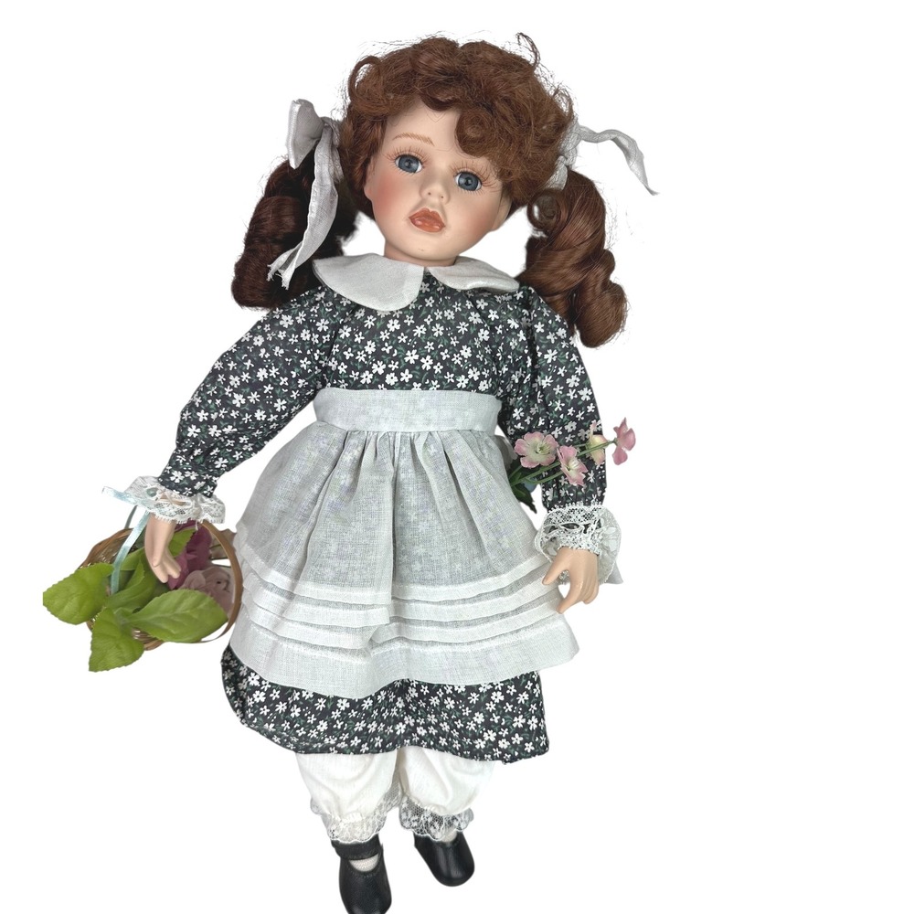 Porcelain 16" Doll Collectible Limited Edition Auburn Hair Basket Flower Display